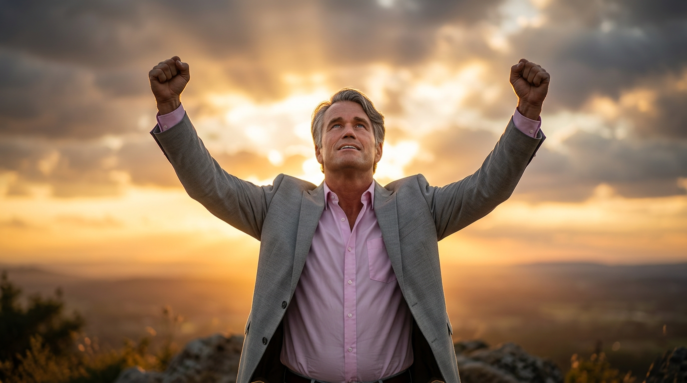 Bas Emons — standhouden in de overwinning van Christus, met opgeheven handen bij zonsopgang