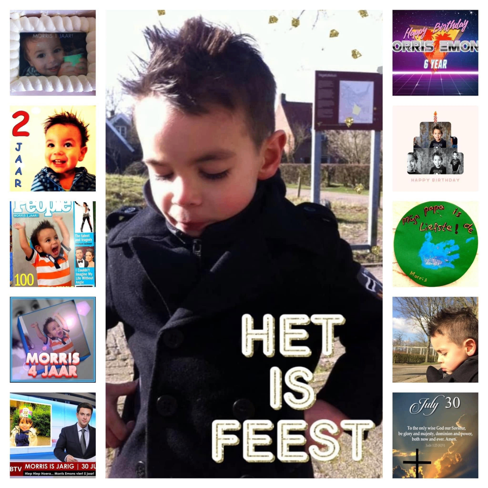 Morris door de jaren heen — van peuter tot jongeman, een leven vol feest en liefde.